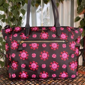 Michael Kors Kelsey Nylon Black Tote Bag Pink Floral Leather Handles NWOT